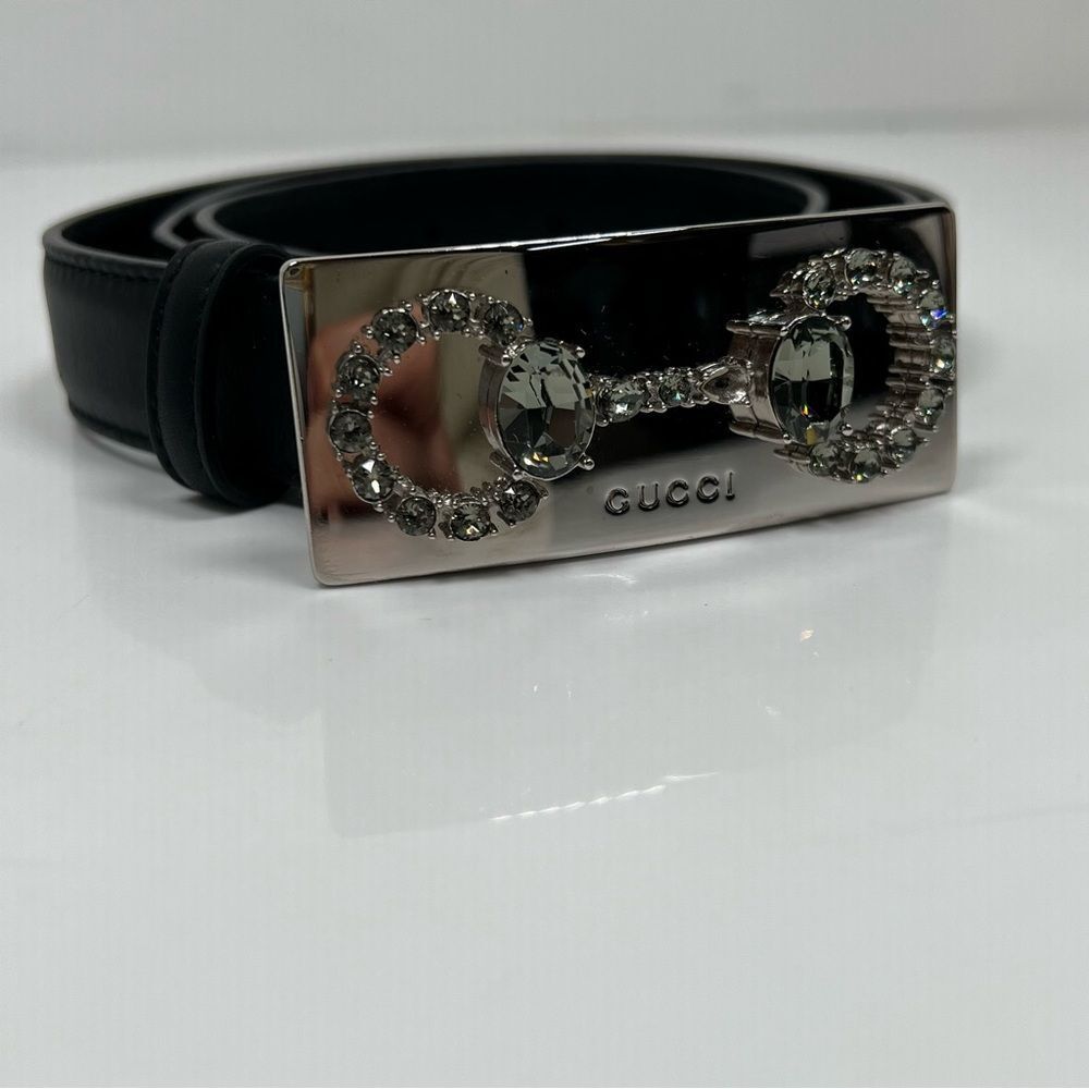 Gucci Black Leather Crystal Horsebit Plate Belt 95-38